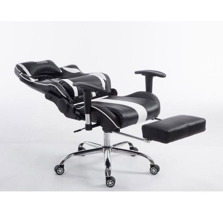 Silla gaming LOGAN con reposapiés, reclinable, con cojines, en piel color negro/blanco