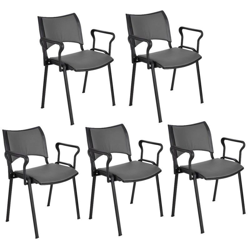 Lote de 5 Sillas de Confidente ROMEL CON BRAZOS PIEL con Patas Negras en negro