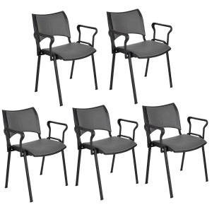 Lote de 5 Sillas de Confidente ROMEL CON BRAZOS PIEL con Patas Negras en negro