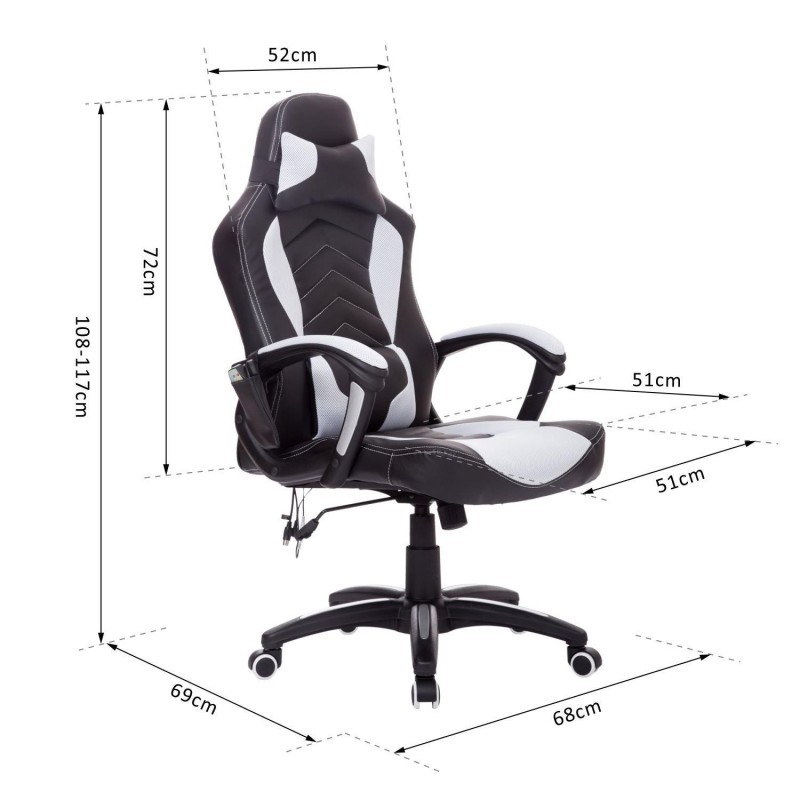 Silla Gaming CURE, Calefacción y Masaje, en Malla y piel color Blanco Y Negro