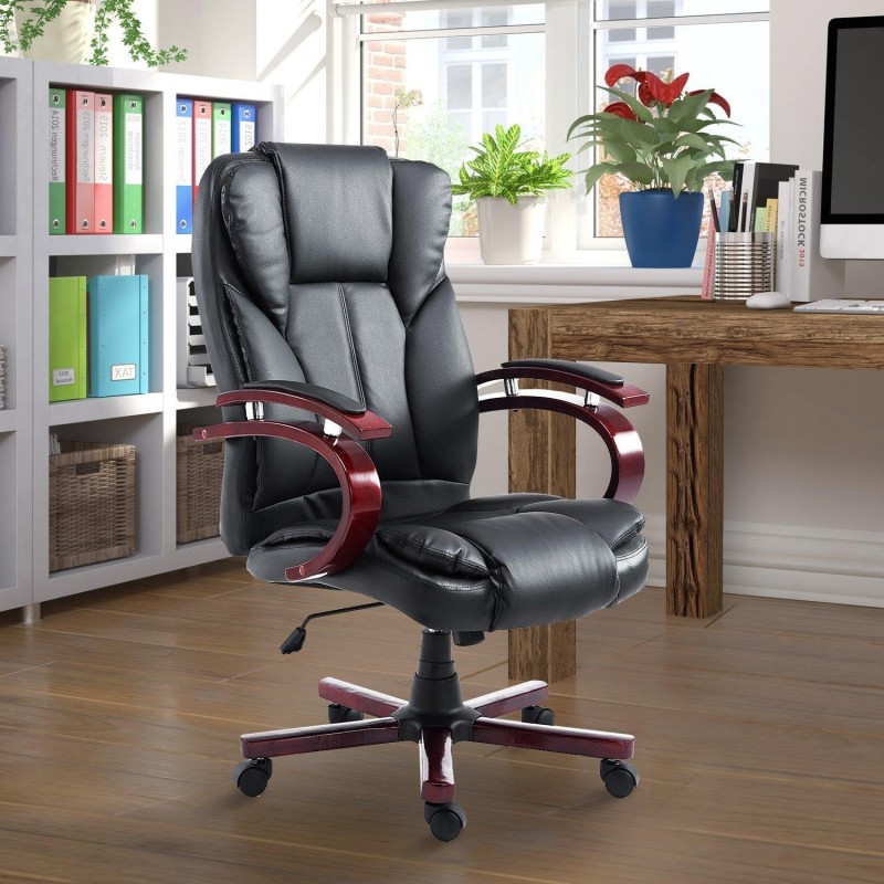 Sillón de oficina DIVE, estructura en madera, en piel color negro