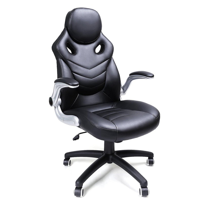 Silla de oficina gaming MISHA, brazos abatibles, piel negra