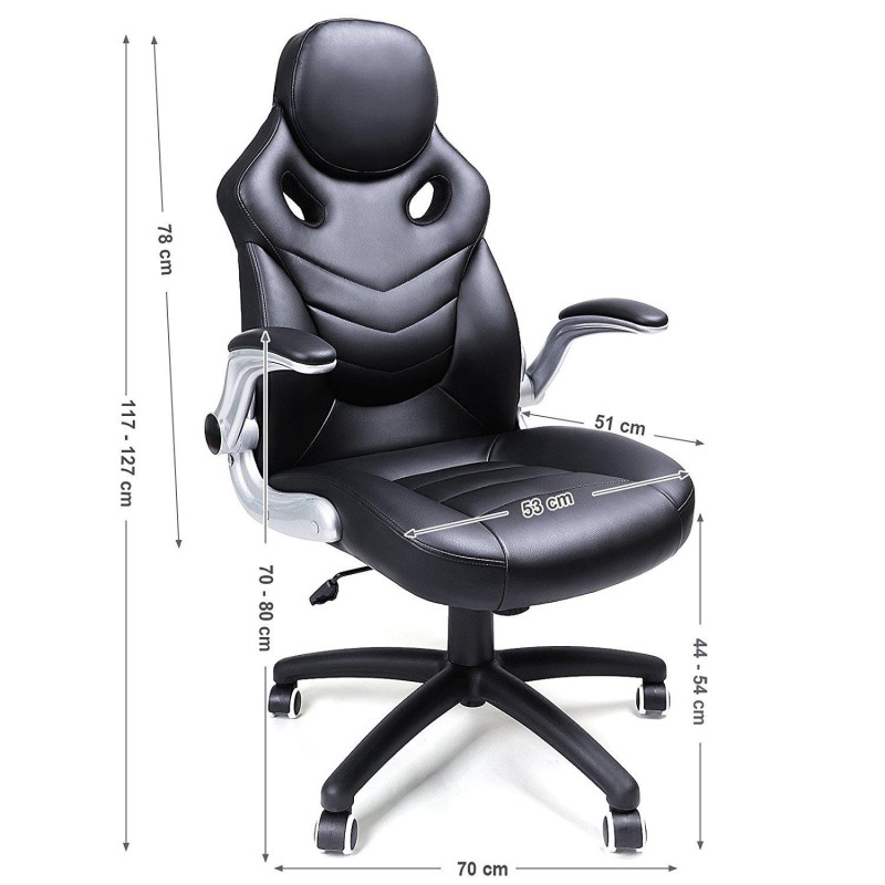 Silla de oficina gaming MISHA, brazos abatibles, piel negra