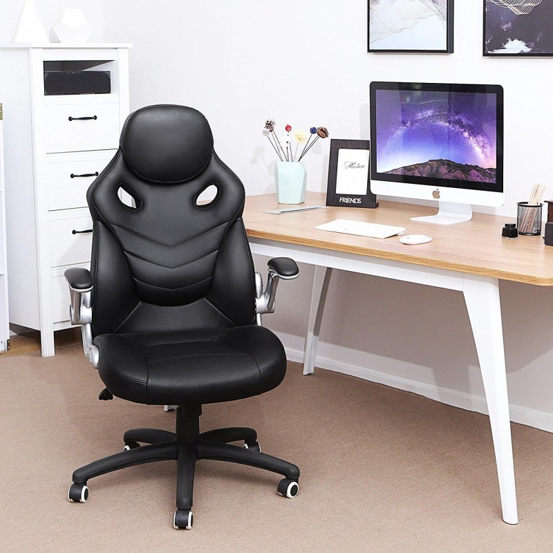 Silla de oficina gaming MISHA, brazos abatibles, piel negra