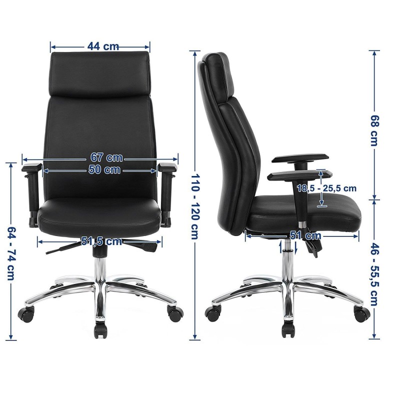 Sillón de Oficina INDIA, Grueso Alcolchado, Brazos Ajustables, en Piel color Negro