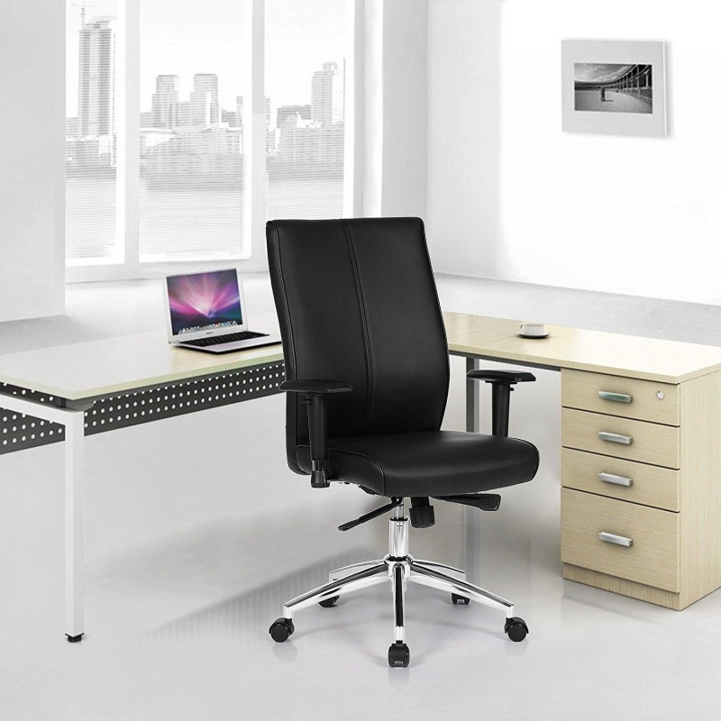 Silla de Oficina DINA, Grueso Alcolchado, en Piel con Costuras color Negro