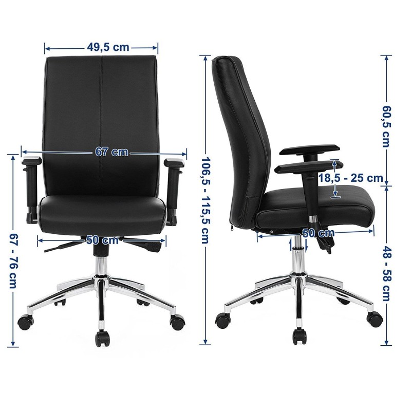 Silla de Oficina DINA, Grueso Alcolchado, en Piel con Costuras color Negro