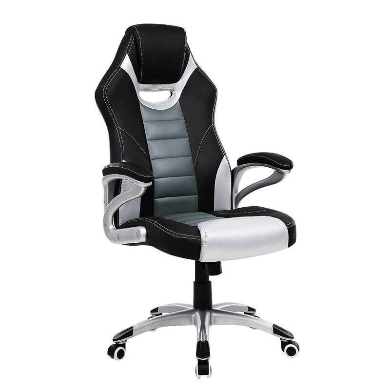 Silla de Oficina OSIRIS, diseño deportivo, en piel negra, gris y plata