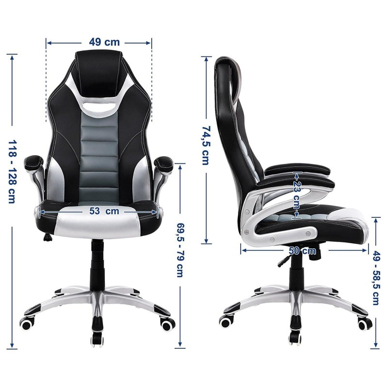 Silla de Oficina OSIRIS, diseño deportivo, en piel negra, gris y plata