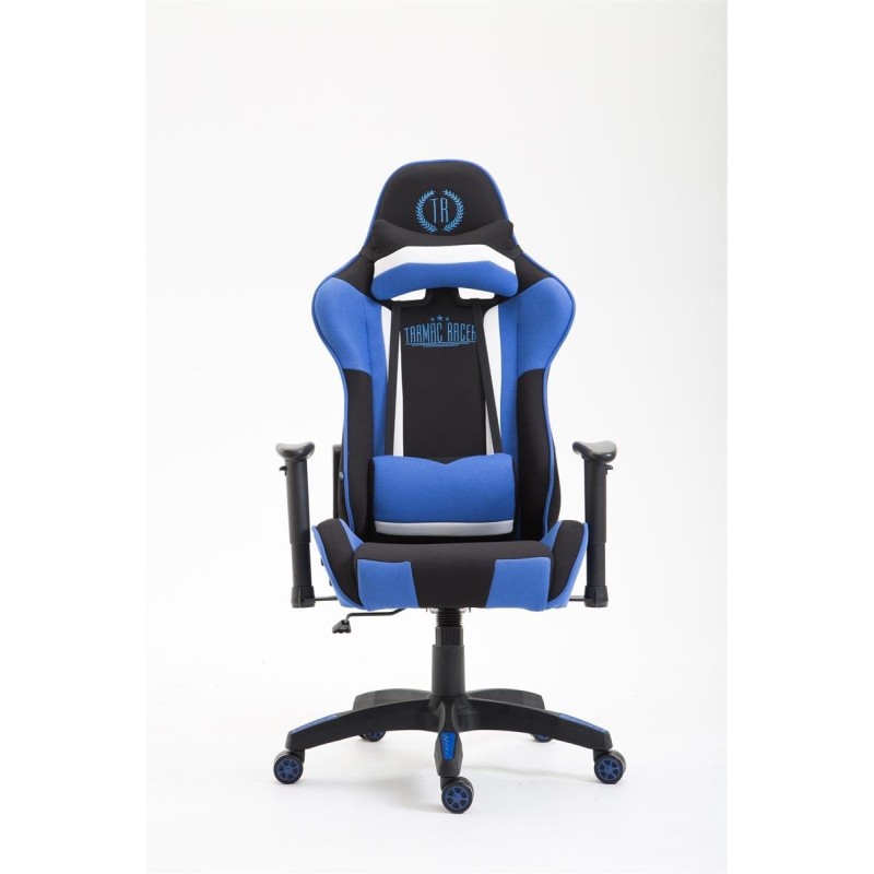 Silla gaming JEMEX TELA, reclinable, con cojines, en color negro/azul