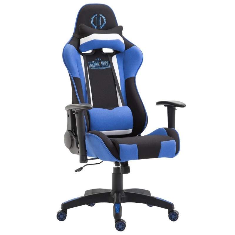 Silla gaming JEMEX TELA, reclinable, con cojines, en color negro/azul