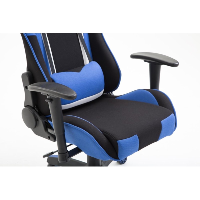 Silla gaming JEMEX TELA, reclinable, con cojines, en color negro/azul