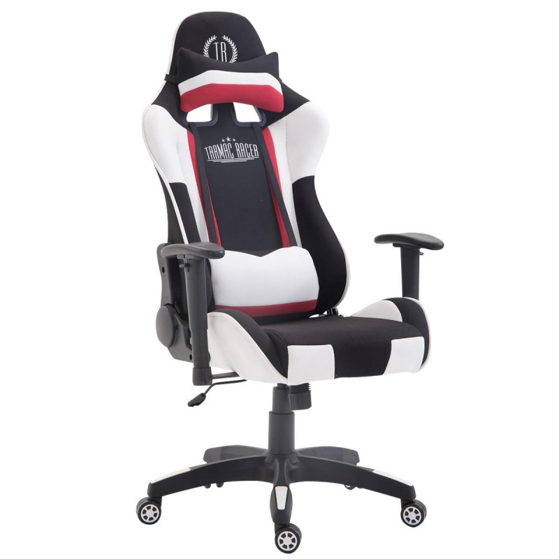 Silla gaming JEMEX TELA, reclinable, con cojines, en color negro/blanco