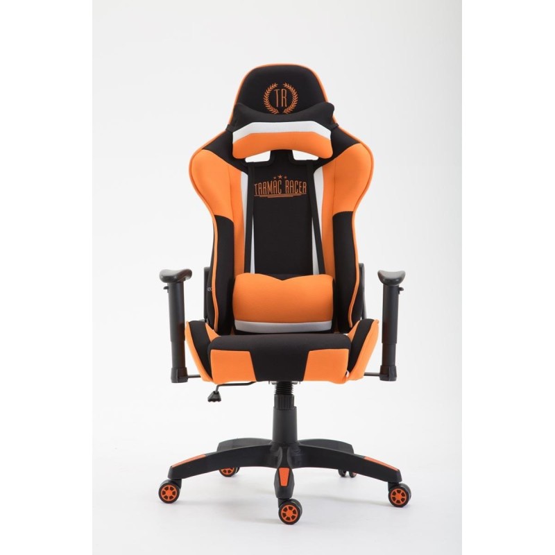 Silla gaming JEMEX TELA, reclinable, con cojines, en color negro/naranja