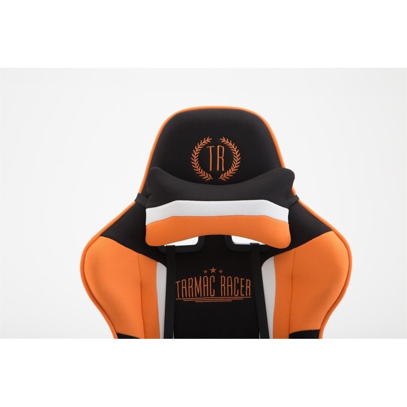 Silla gaming JEMEX TELA, reclinable, con cojines, en color negro/naranja
