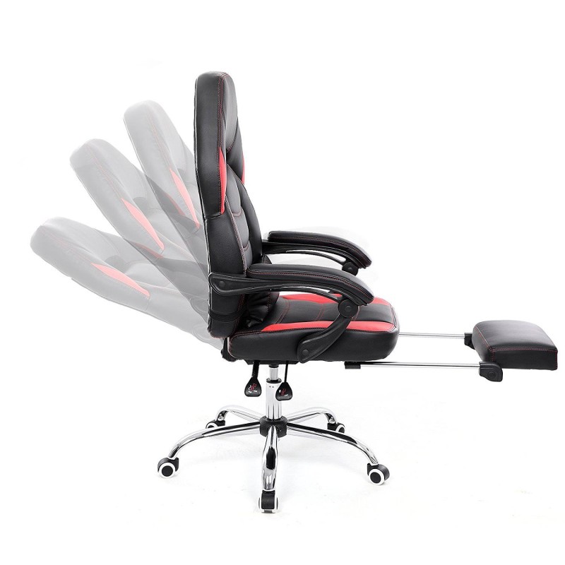 Silla gaming MORGA, reposapiés extensible, cojín lumbar, en negro y rojo