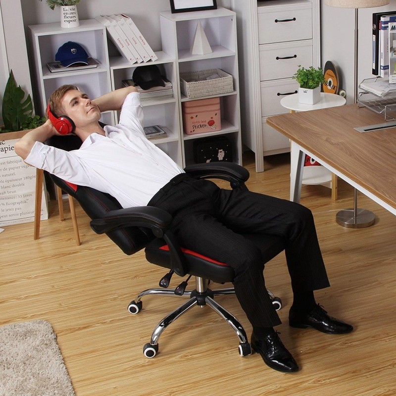 Silla gaming MORGA, reposapiés extensible, cojín lumbar, en negro y rojo