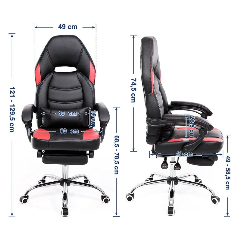 Silla gaming MORGA, reposapiés extensible, cojín lumbar, en negro y rojo