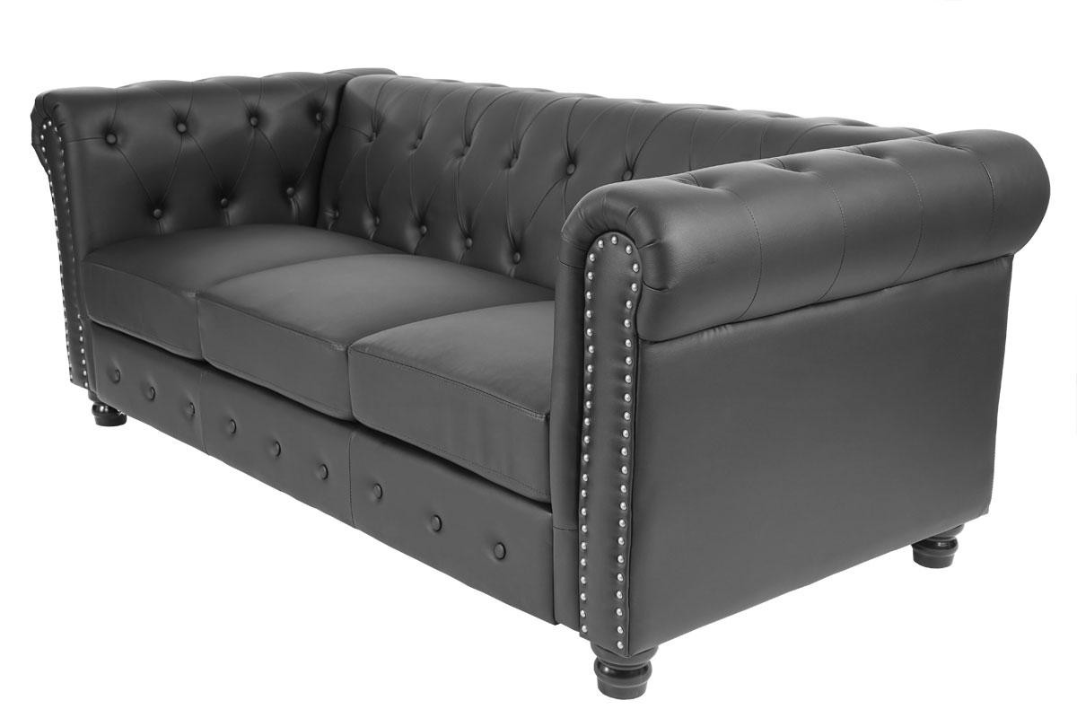 Sofá de 3 Plazas CHESTER, Diseño Clásico y Elegante, En Piel, Patas Cuadradas, Color Negro