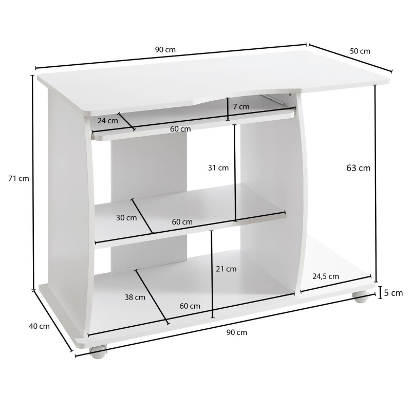 Mesa de Ordenador DUKE, bandeja para teclado y ruedas, en blanco