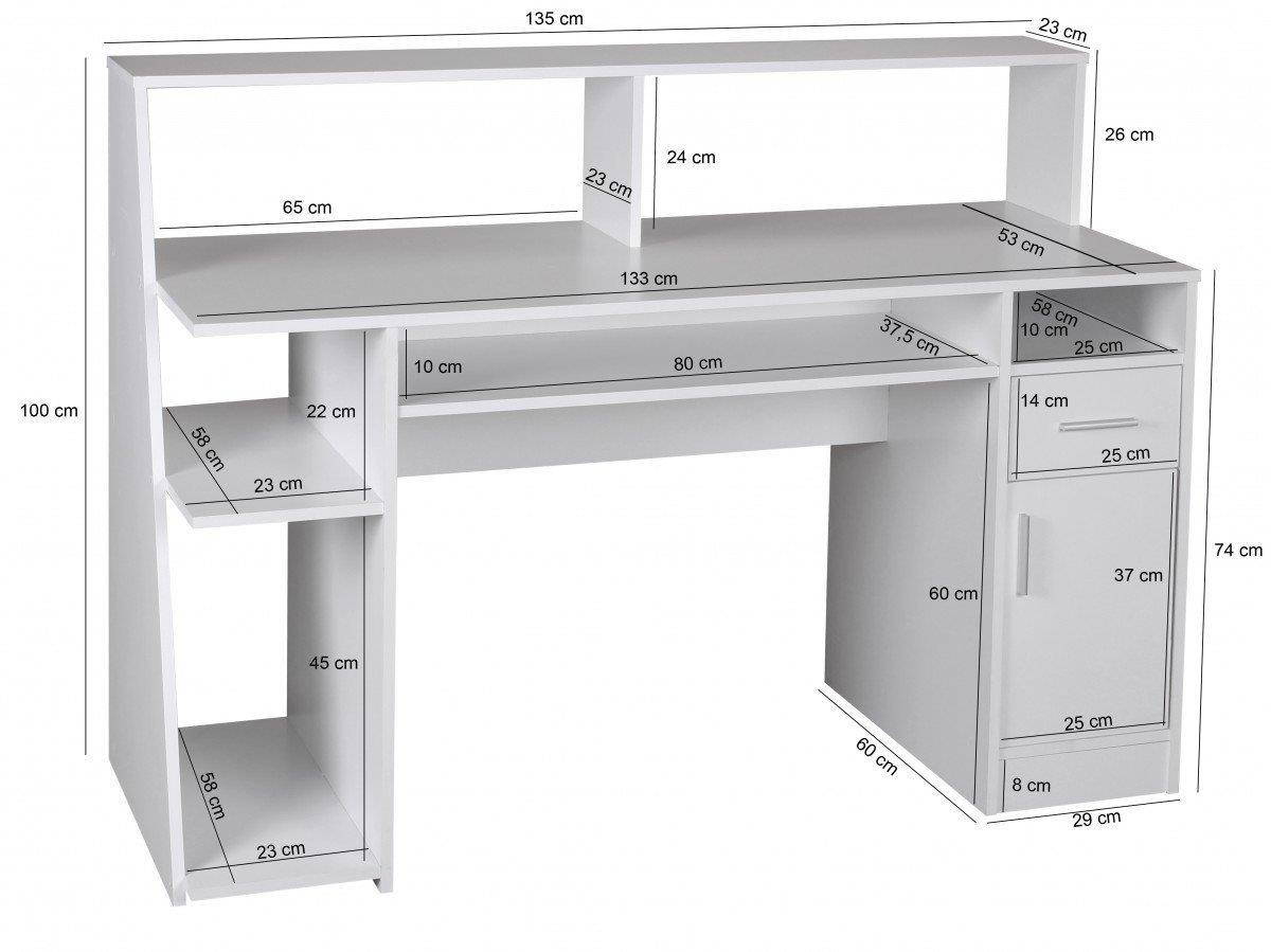 Mesa de Ordenador VIRGINIA, amplio espacio para almacenamiento, dimensiones 135x60cm, en Blanco