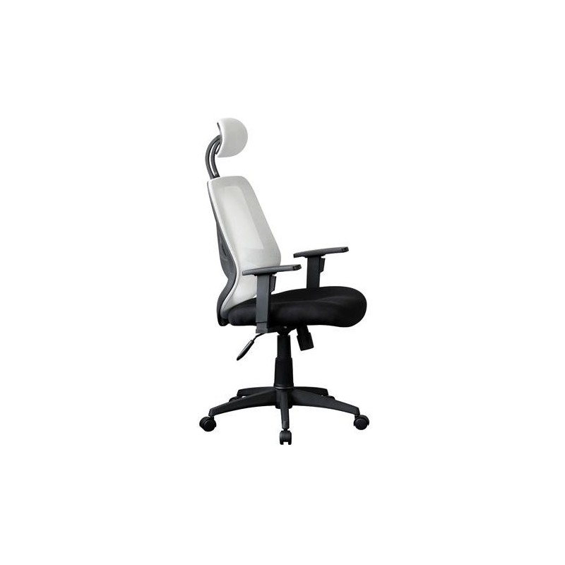 Silla ergonómica DRAKE con cabecero y reposabrazos regulables, tapizada en malla transpirable, color negro