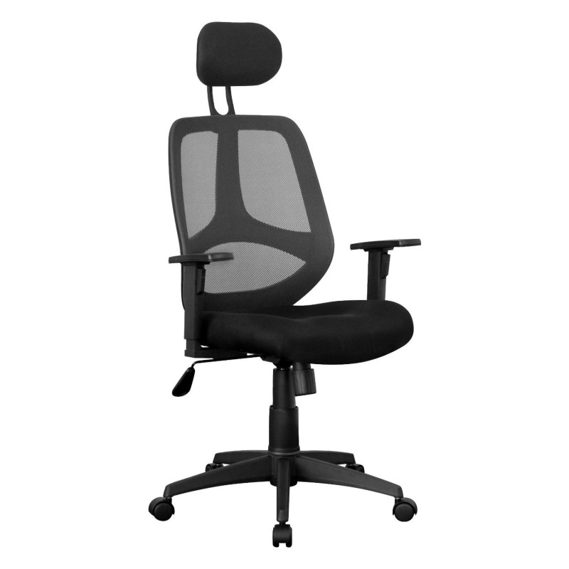 Silla ergonómica DRAKE con cabecero y reposabrazos regulables, tapizada en malla transpirable, color negro