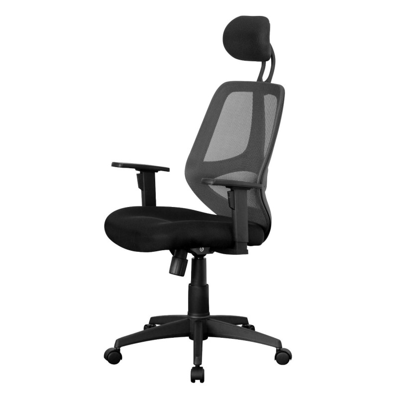 Silla ergonómica DRAKE con cabecero y reposabrazos regulables, tapizada en malla transpirable, color negro