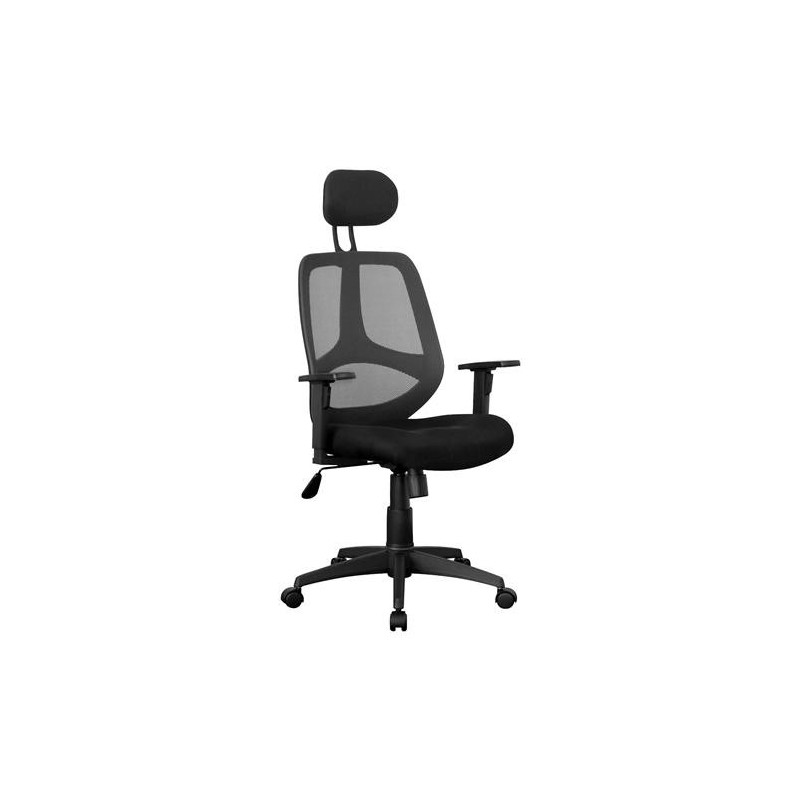 Silla ergonómica DRAKE con cabecero y reposabrazos regulables, tapizada en malla transpirable, color negro