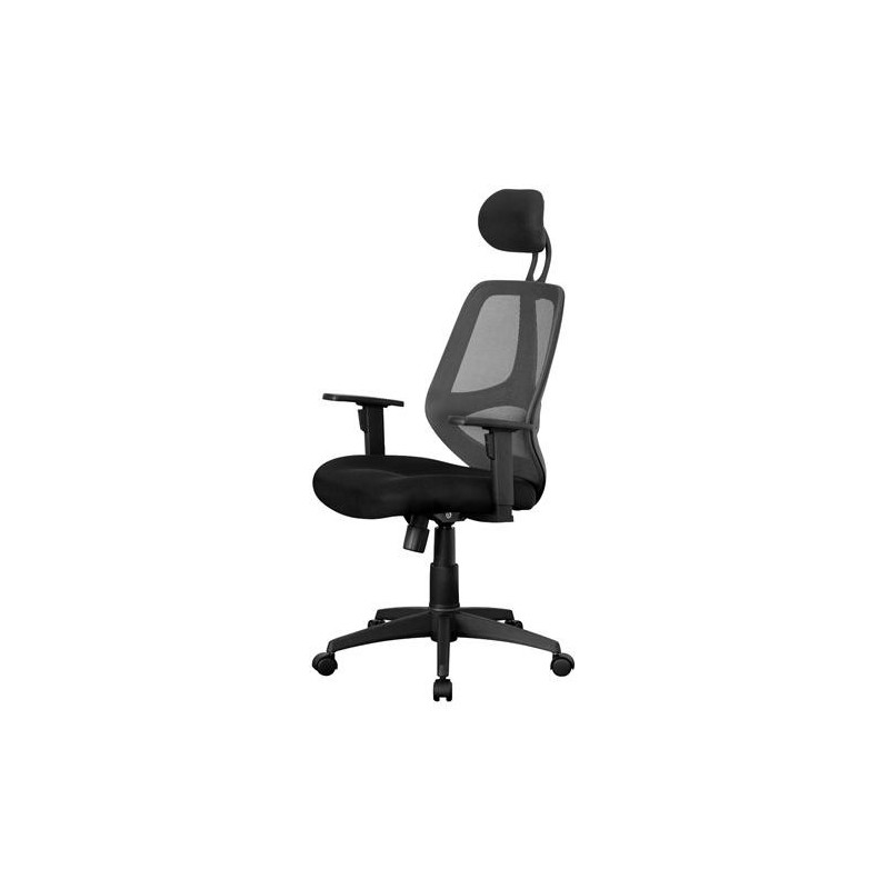 Silla ergonómica DRAKE con cabecero y reposabrazos regulables, tapizada en malla transpirable, color negro
