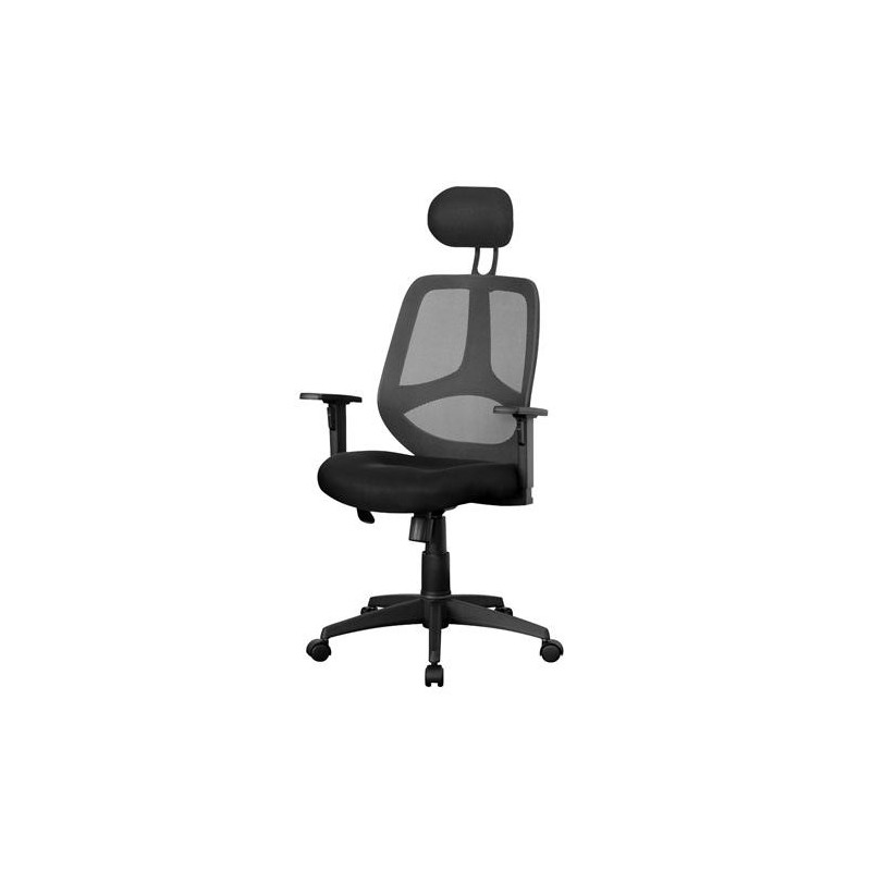 Silla ergonómica DRAKE con cabecero y reposabrazos regulables, tapizada en malla transpirable, color negro