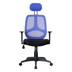 Silla ergonómica DRAKE con cabecero y reposabrazos regulables, tapizada en malla transpirable, color azul y negro