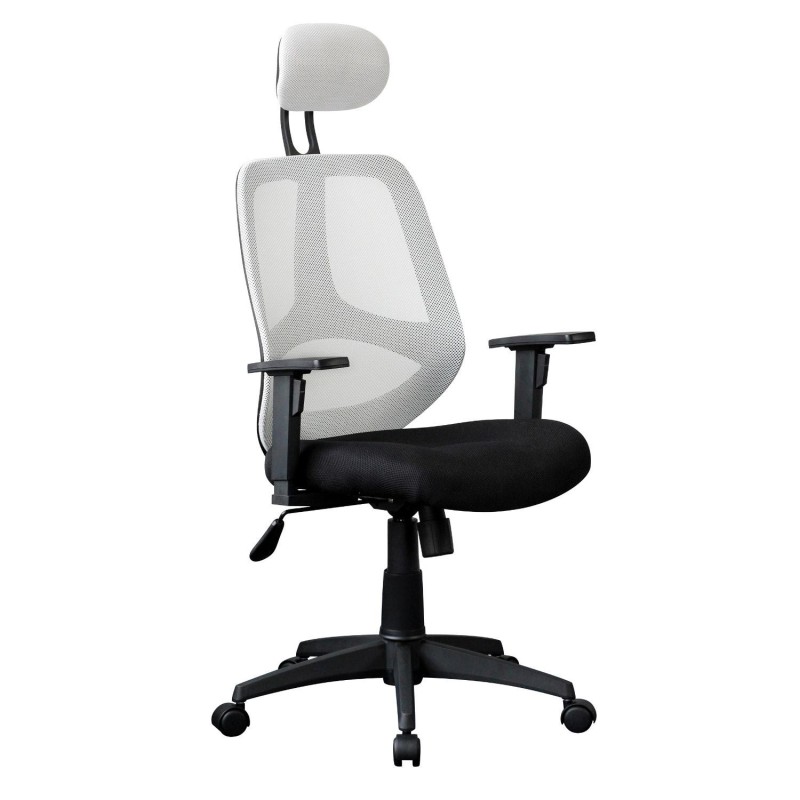 Silla ergonómica DRAKE con cabecero y reposabrazos regulables, tapizada en malla transpirable, color blanco y negro