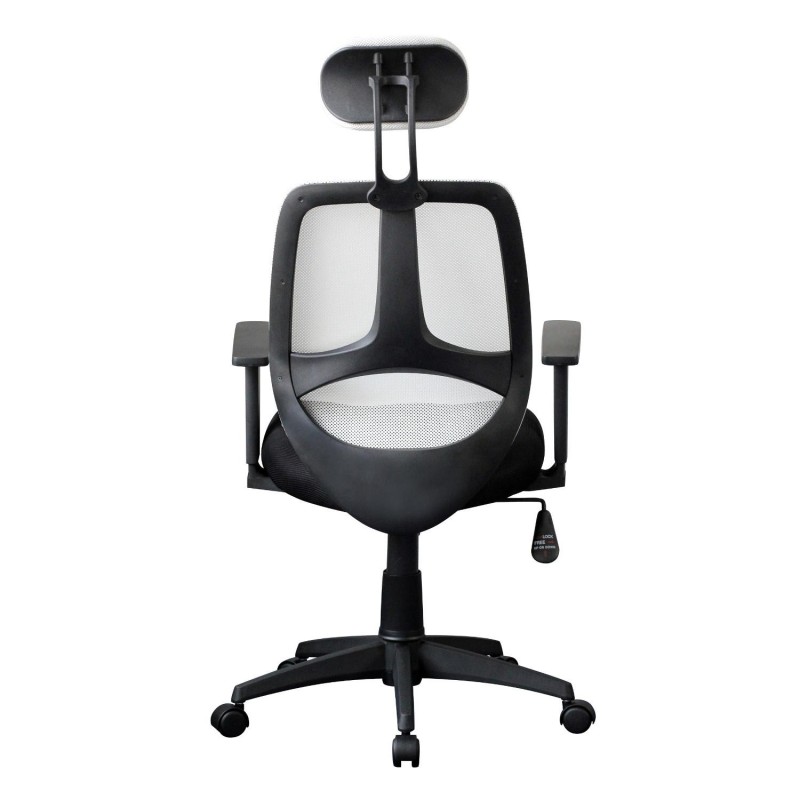 Silla ergonómica DRAKE con cabecero y reposabrazos regulables, tapizada en malla transpirable, color blanco y negro