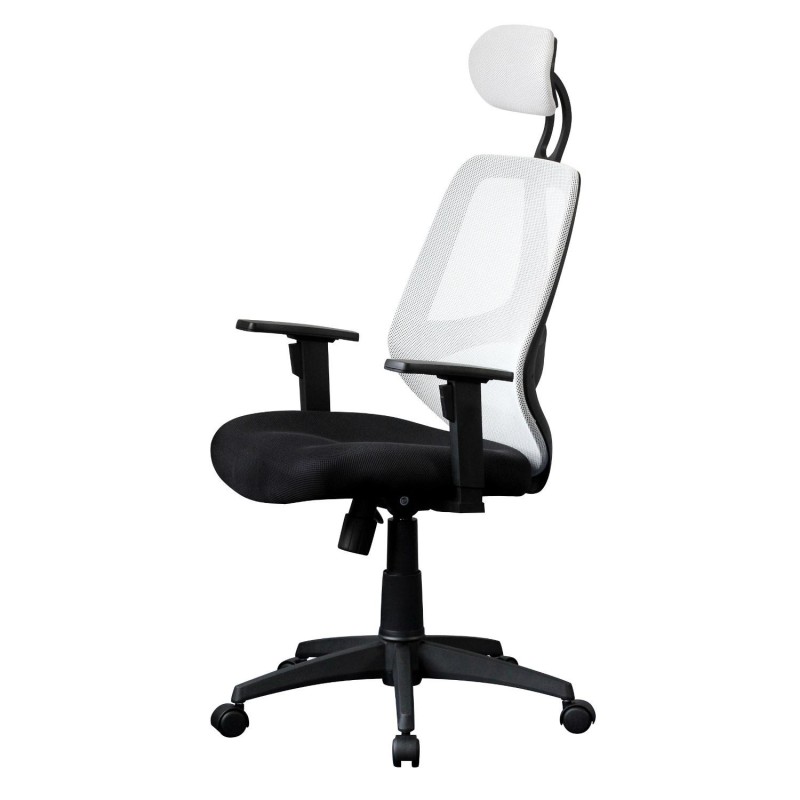 Silla ergonómica DRAKE con cabecero y reposabrazos regulables, tapizada en malla transpirable, color blanco y negro