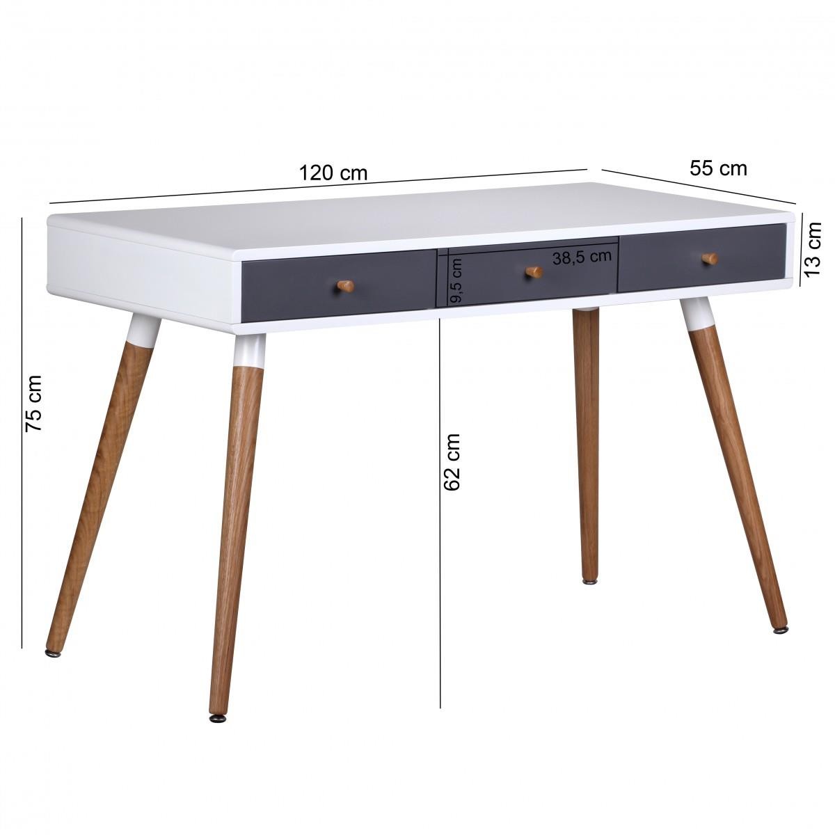 Mesa de Ordenador ROBERT, Diseño Escandinavo, Dimensiones 120x55x75 cm, en Madera color Blanco/Roble