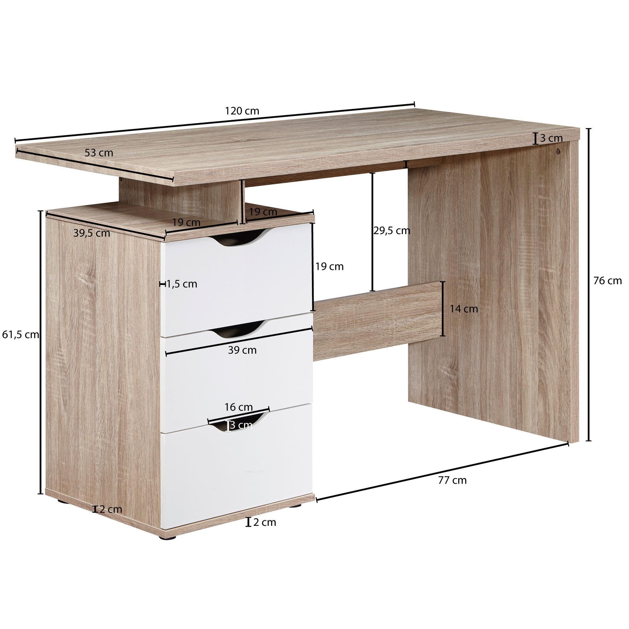 Mesa de Ordenador NATALI, Diseño Moderno, Dimensiones 120x53x76 cm, en Madera color Blanco/Roble