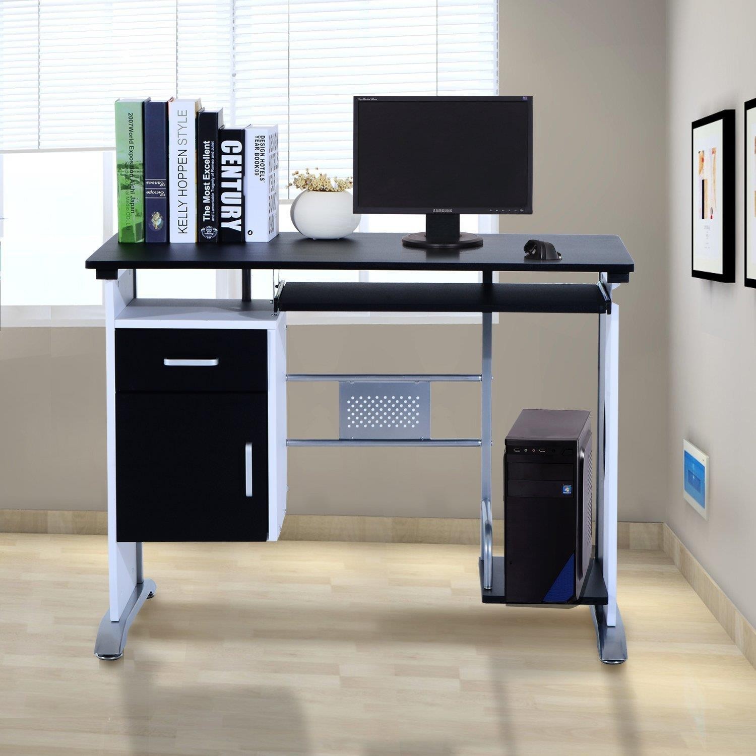 Mesa para ordenador SIAM, con Soporte para CPU y Cajones, 100x52x75cm, en Madera color Negro