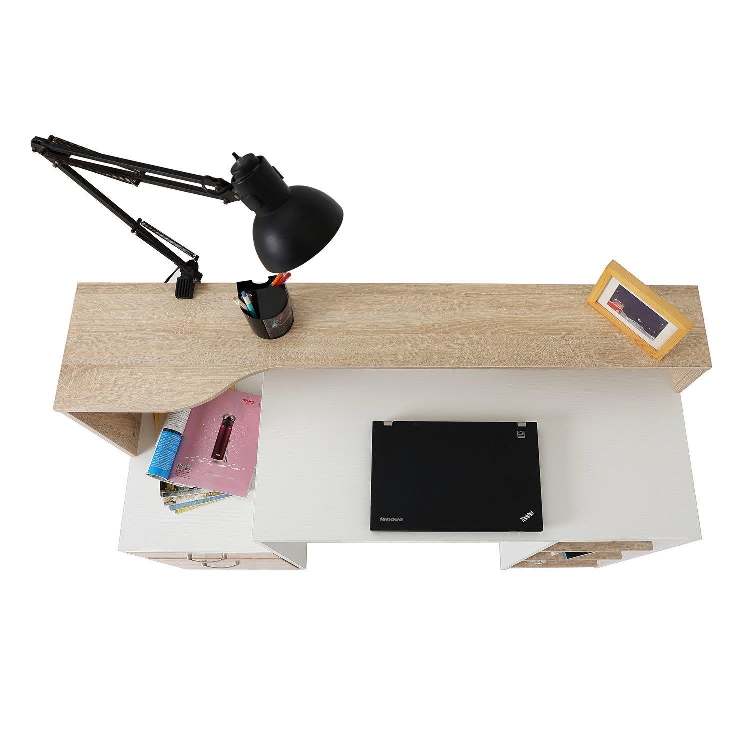 Mesa de Oficina BOTINA, con Cajones y Estantes, 140x55x92cm, en Madera color Blanco y Negro