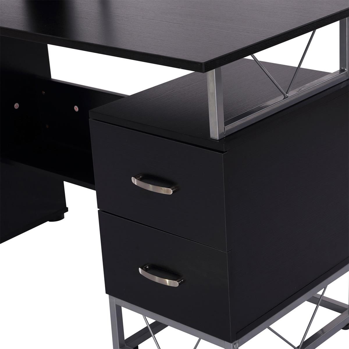 Mesa de Oficina SILVANO, con Cajones y Estantes, 133x55x123 cm, en Madera color Blanco y Roble