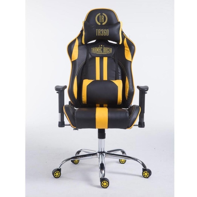 Silla gaming LOGAN, reclinable, con cojines, en piel color negro/amarillo