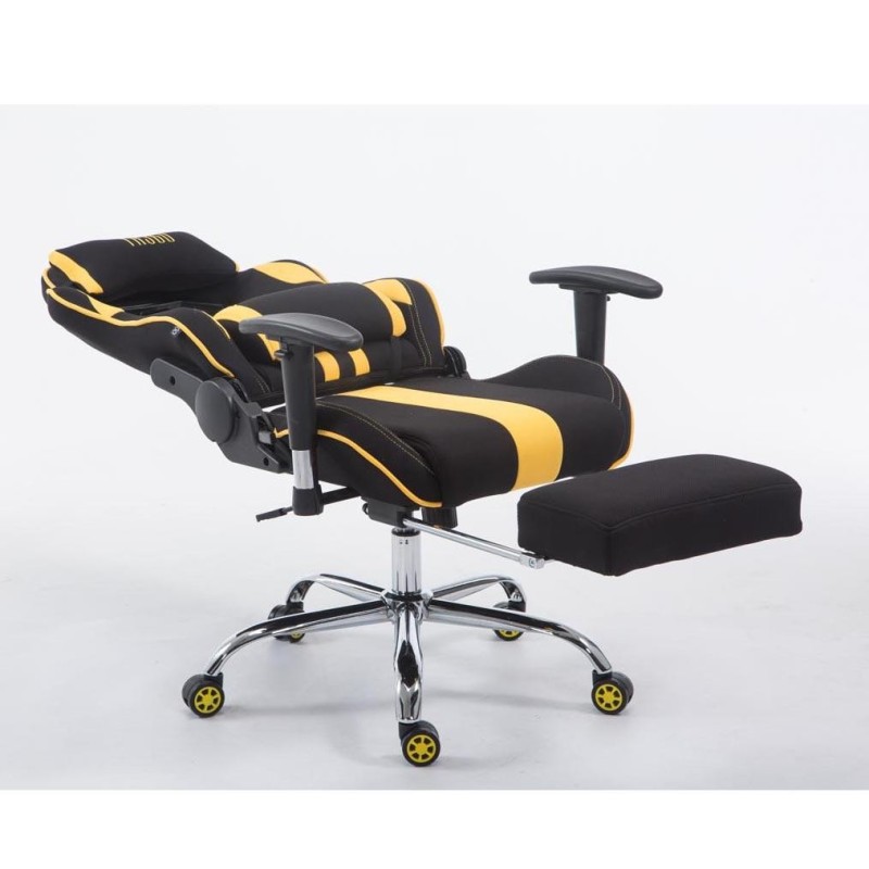 Silla gaming LOGAN TELA con reposapiés, reclinable, con cojines, en color negro/amarillo