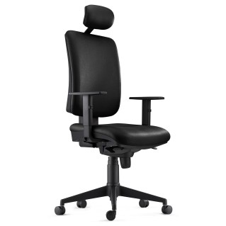 Silla Ergonómica PIERO, en Piel Natural color Negro, con Reposacabezas y Brazos Ajustables