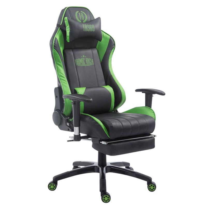Silla gaming TURBO con reposapiés, reclinable, con cojines, en piel color negro/blanco