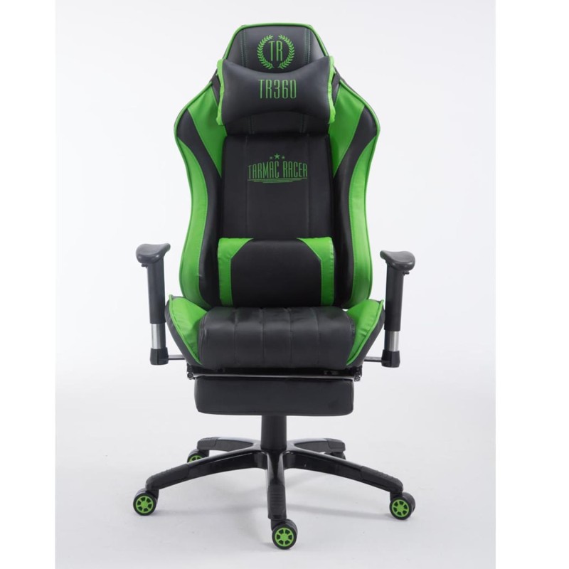 Silla gaming TURBO con reposapiés, reclinable, con cojines, en piel color negro/blanco