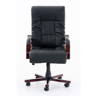 Sillón de oficina MADOR, reposabrazos y base en madera, gran acolchado en piel  negra 2
