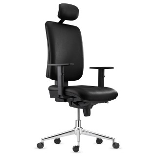 Silla Ergonómica PIERO, en Piel Natural color Negro, con Base Metálica, Brazos Ajustables y Reposacabezas