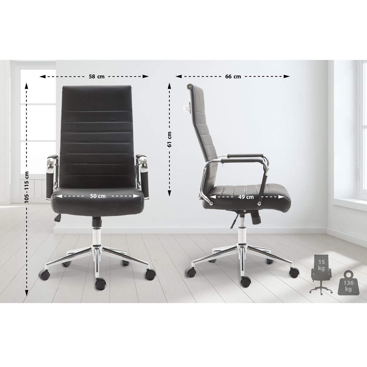 Silla de Oficina KOLMU, Base Metálica, Diseño con Elegantes Costuras, En Piel Negra