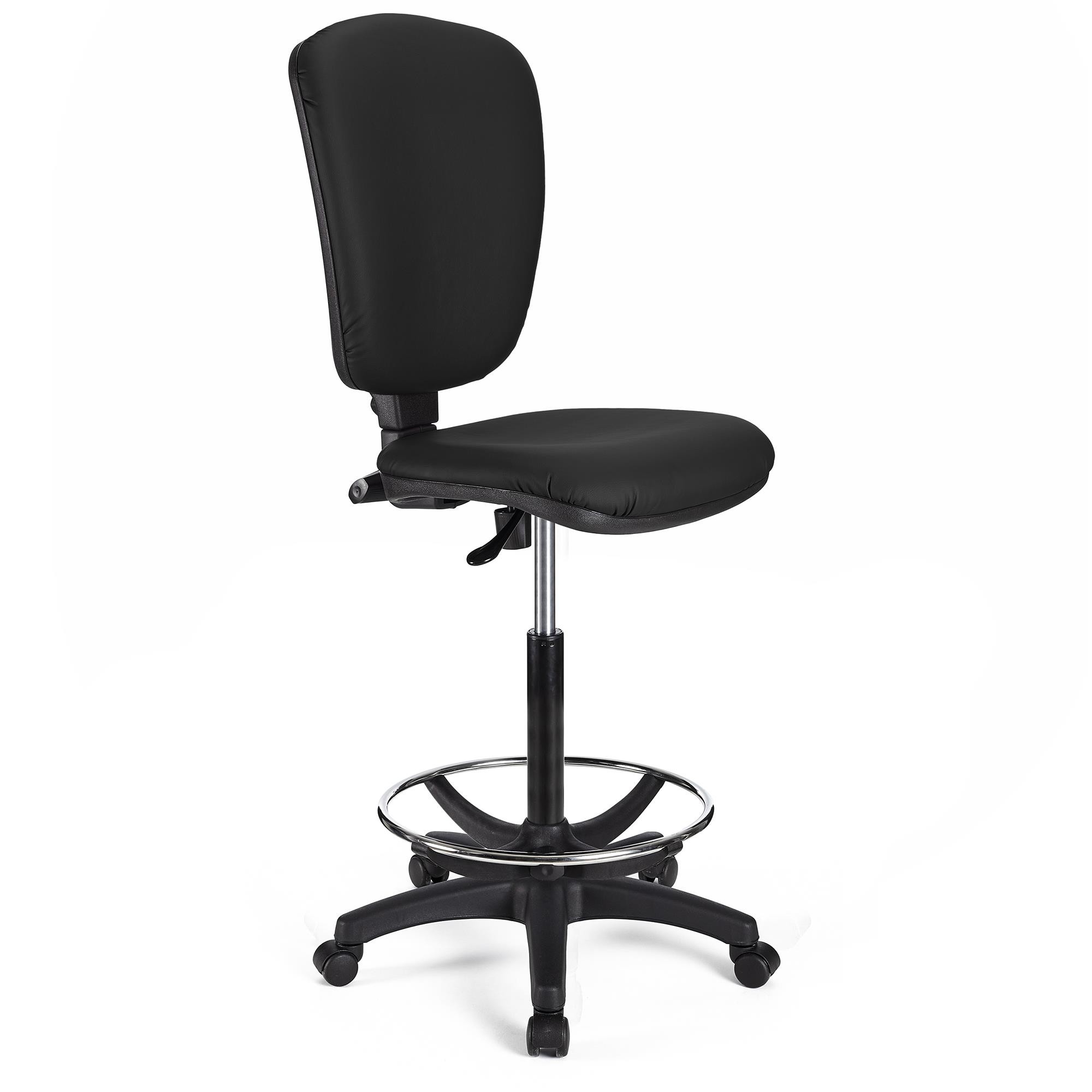 Taburete de Trabajo CALIPSO SIN BRAZOS PIEL, Respaldo Ajustable, Gran Acolchado, En Negro