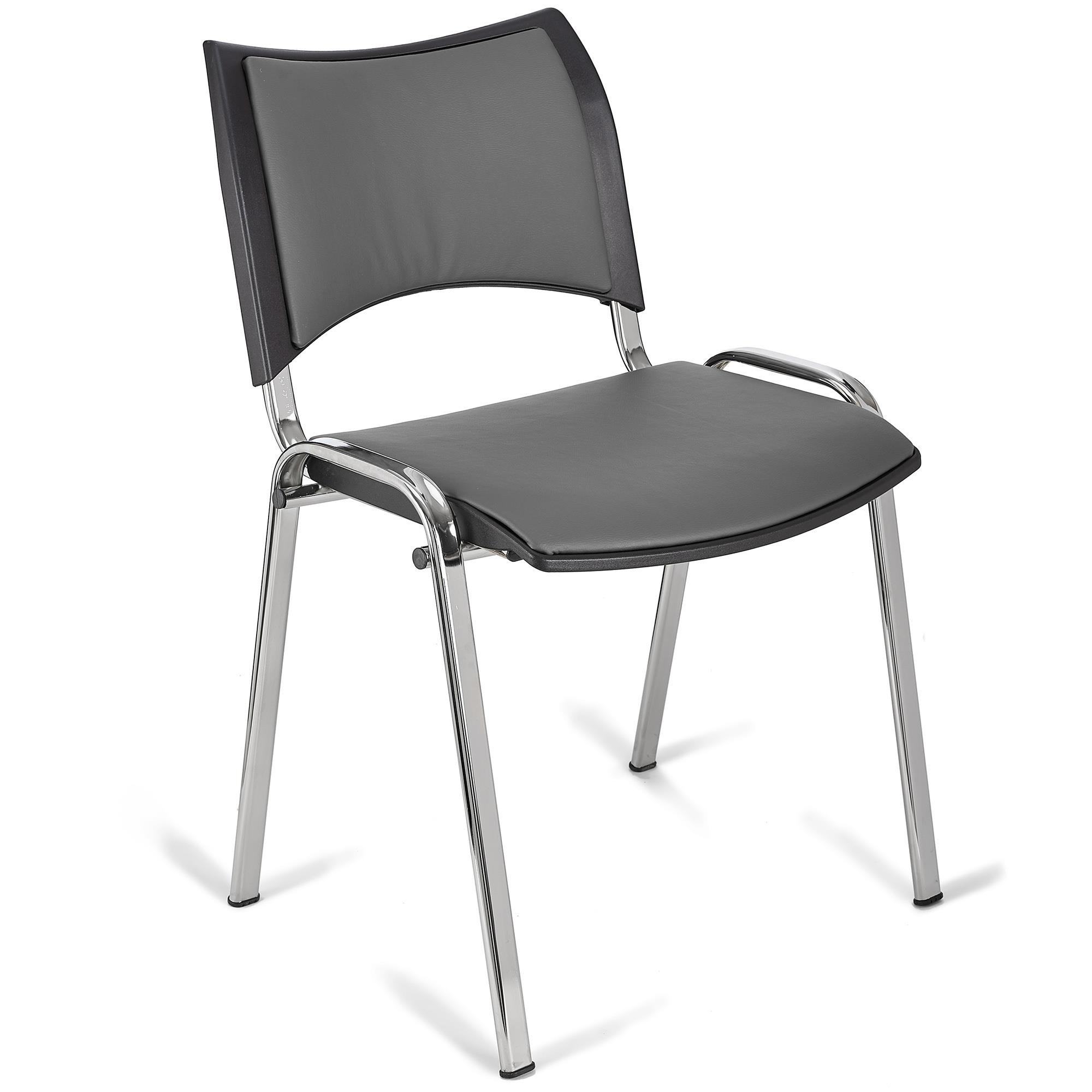 Silla de Confidente ROMEL PIEL, Cómodo Acolchado, Apilable, Patas Cromadas, en Negro